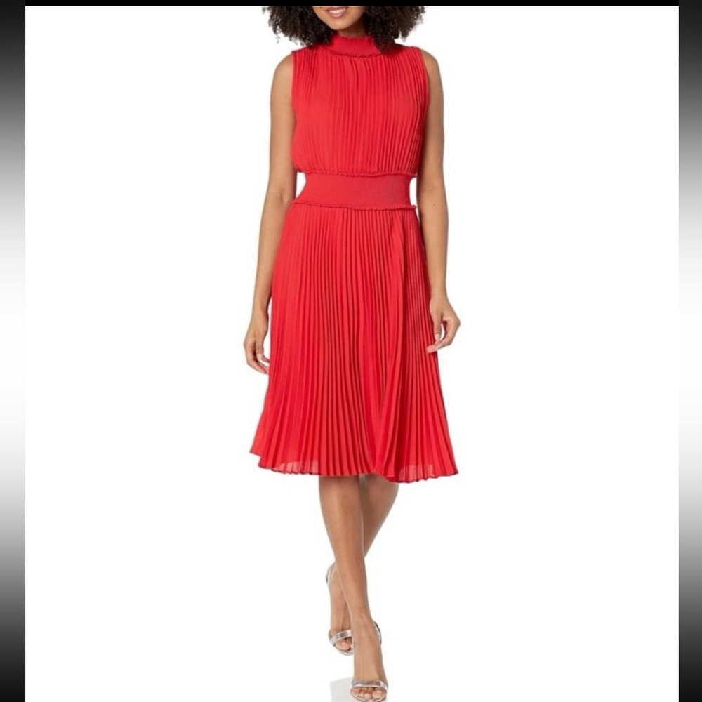 NWT Nanette Lepore Coral Red Pleated Midi Dress Size 12